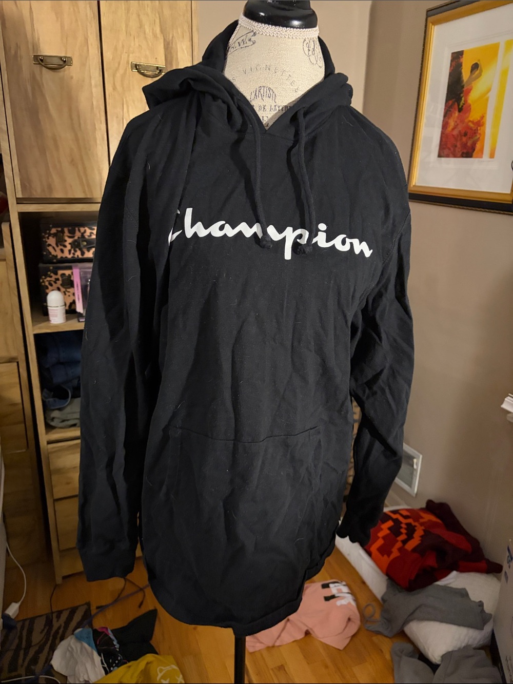Champion Black Hoodie with White Script - XL